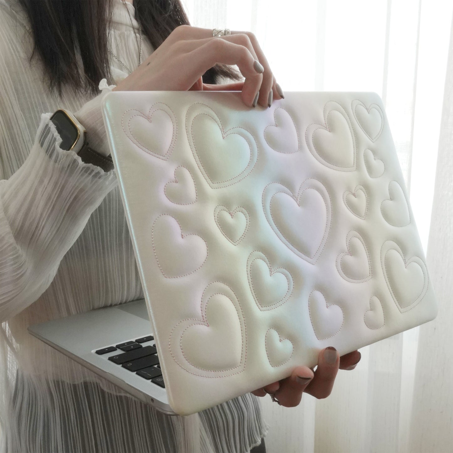 Puffy Heart Iridescent White ♾ Textured MacBook Case