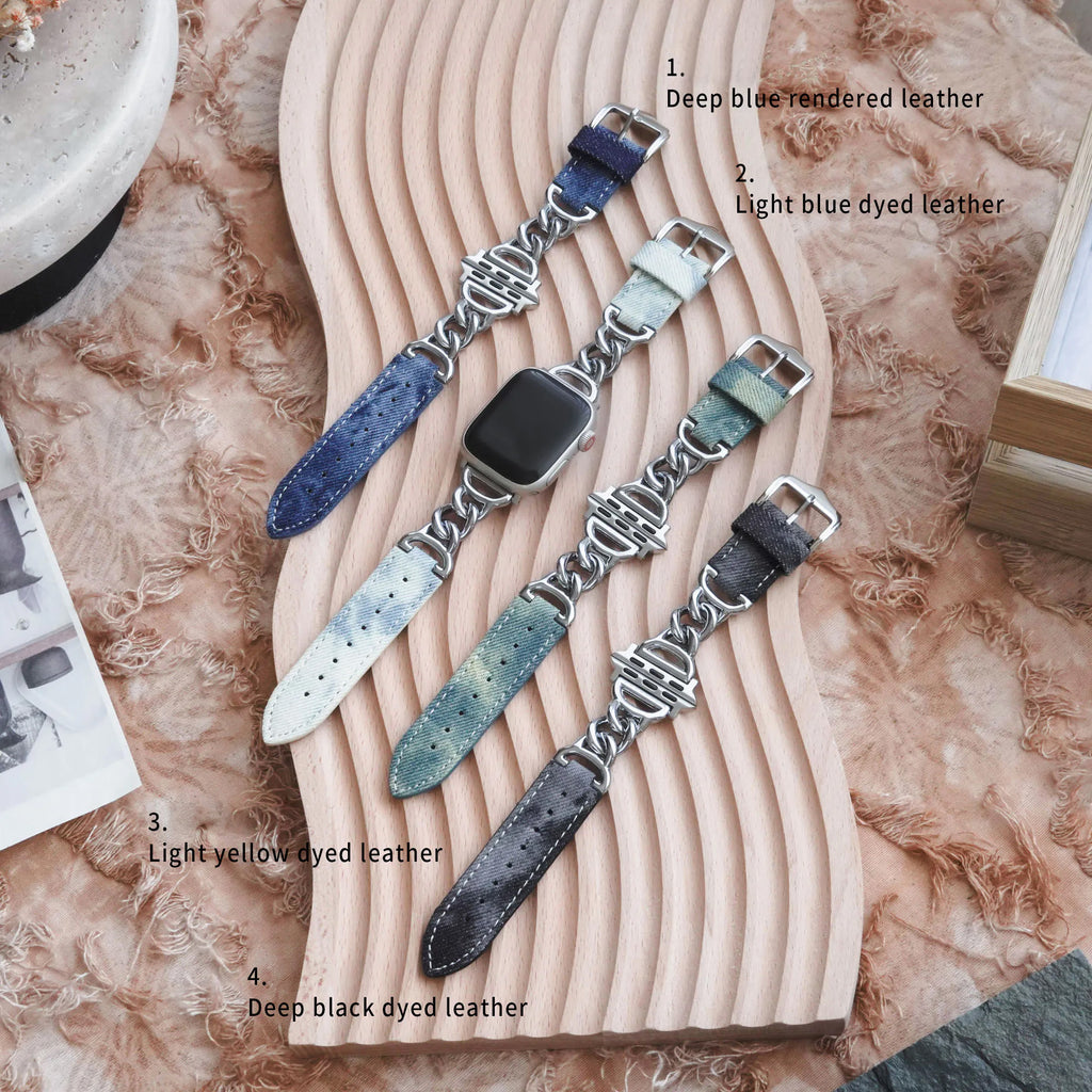 Metal mixed denim leather single chain Apple Watch strap